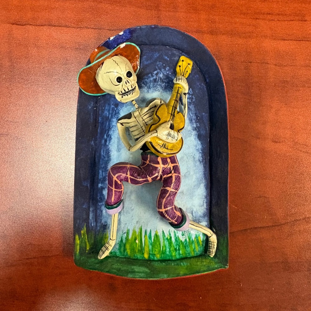 Handmade Skeleton Guitarist Folk Art Figurine Signed Peru Wall Plaque